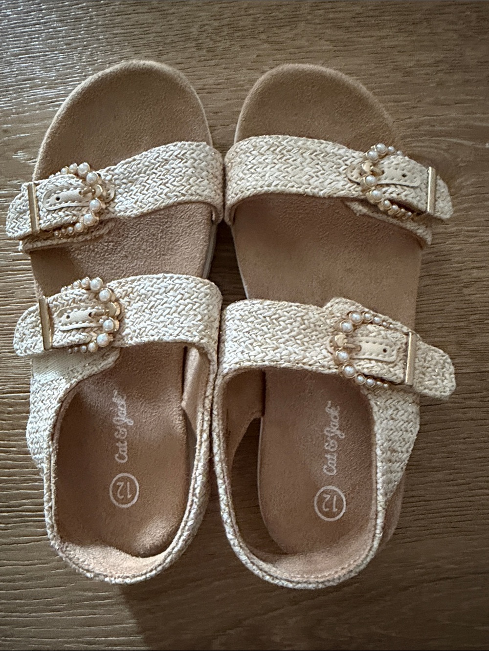 Cat & Jack Cream Raffia Double-Buckle Sandals with Pearl Buckles